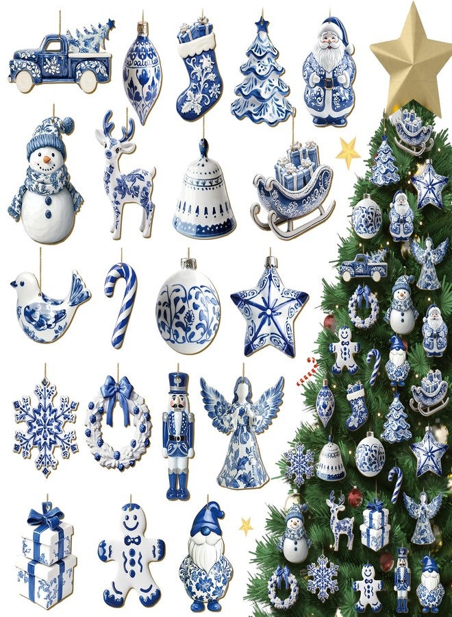 Yuntau 40 Pcs Christmas Chinoiserie Ornaments Blue and White Porcelain Wooden Flat Decoration Christmas Tree Ornaments Chinoiserie Hanging Decor Porcelain Pendants for Small Xmas Tree Decor(Classic) - Image 1